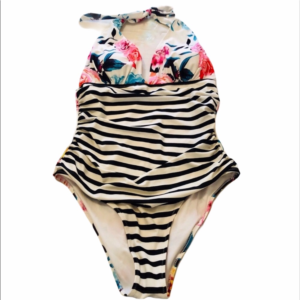 NWOT CUPSHE 1 Piece Floral/Striped Swimsuit L/XL